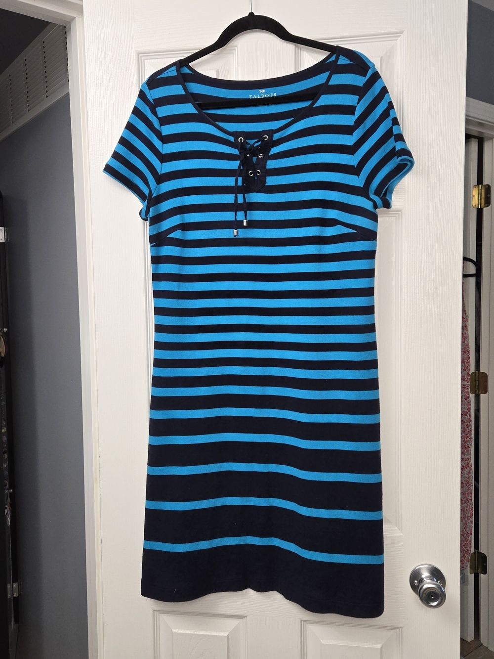 Talbots Bright Blue & Navy 100% Cotton Striped LaceUp Short Sleeve Dress Sz L